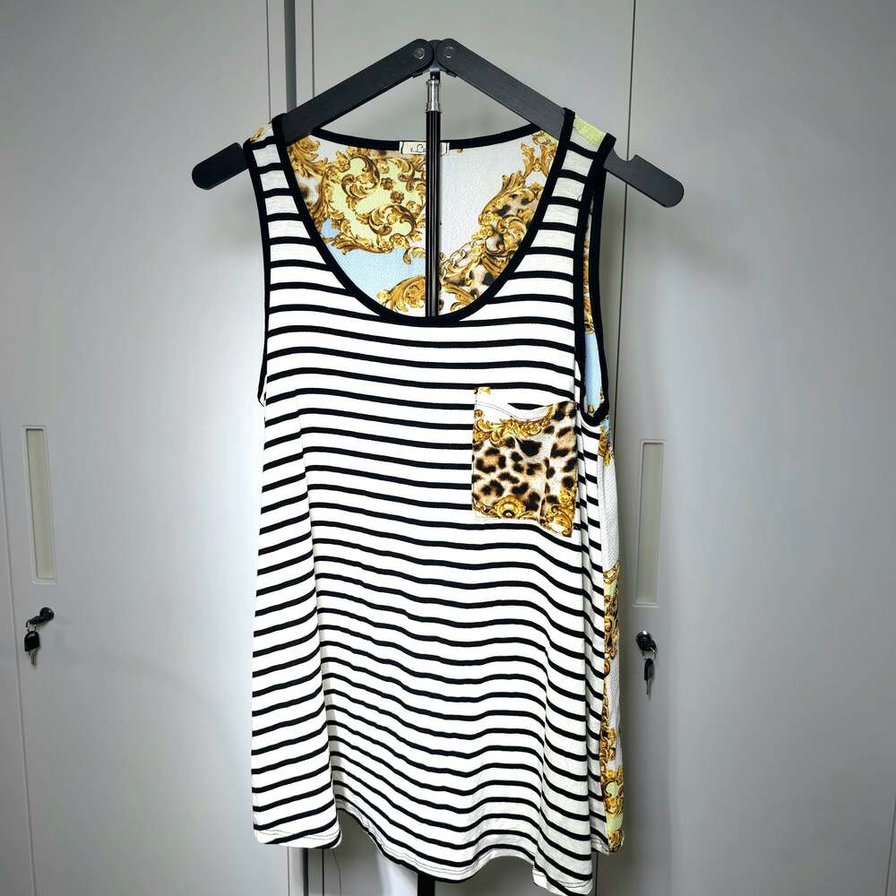Striped Tank Top with Leopard and Baroque Print Pocket, Size Small